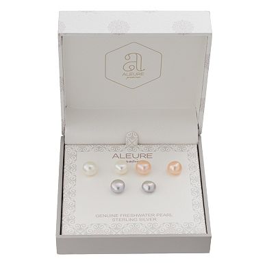Aleure Precioso 3 Pair Sterling Silver Dyed Gray, Dyed Pink & White Freshwater Cultured Pearl Button Stud Earring Set