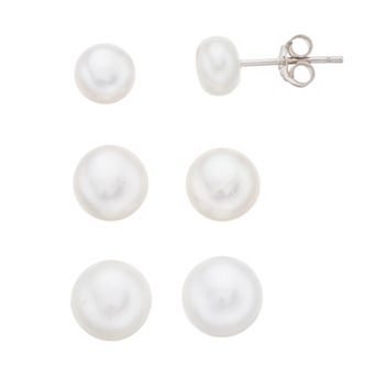 Aleure Precioso 3 Pair Sterling Silver Freshwater Cultured Pearl Stud Earring Set