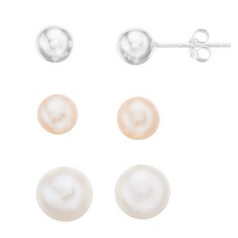 Aleure Precioso 3 Pair Sterling Silver Ball, Dyed Pink & White Freshwater Cultured Pearl Stud Earring Set