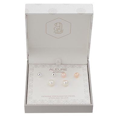 Aleure Precioso 3 Pair Sterling Silver Ball, Dyed Pink & White Freshwater Cultured Pearl Stud Earring Set