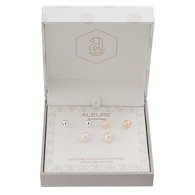 Aleure Precioso 3 Pair Sterling Silver Ball, Dyed Pink & White Freshwater Cultured Pearl Stud Earring Set