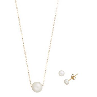 Aleure Precioso 18k Gold Over Silver 10 mm Freshwater Cultured Pearl Necklace & 6 mm Freshwater Cultured Pearl Stud Earring Set