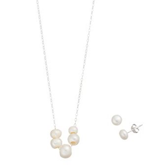 Aleure Precioso Sterling Silver Graduated Freshwater Cultured Pearl Necklace & Freshwater Cultured Pearl Stud Earring Set