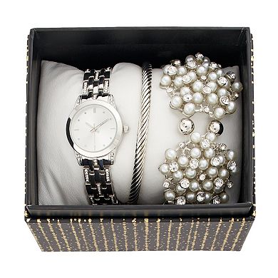 Women's Folio Silver Tone Watch & Simulated Pearl Bracelet Set