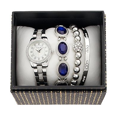 Women's Folio Silver Tone Watch & Blue Gem Bracelet Set