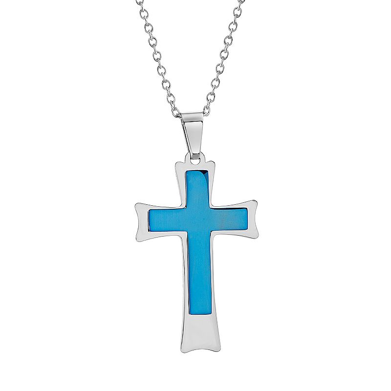 1913 Mens Stainless Steel Cross Pendant with Blue Ion Plating, Size: 24