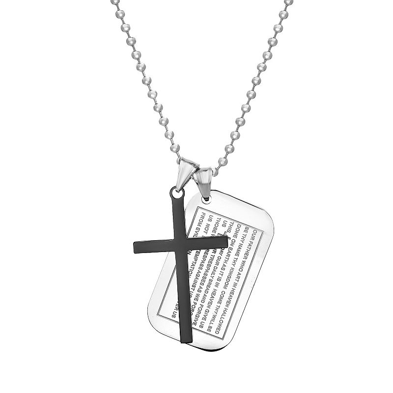 1913 Mens Stainless Steel Cross & The Lords Prayer Dog Tag Necklace,