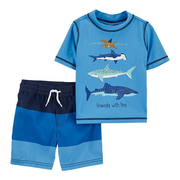 Toddler Boy Carter's Sharks Rash Guard Top & Striped Swim Shorts Set