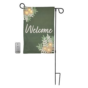 Lighted Outdoor "Welcome" Garden Flag & Stand 2 pc Set