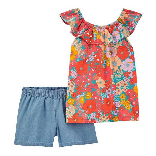 Girls 48 Carter's 2Piece Floral Top & Chambray Shorts Set