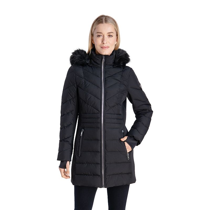 Women's London Fog Stretch Faux-Fur Hooded Active Jacket, Size: Large, Black