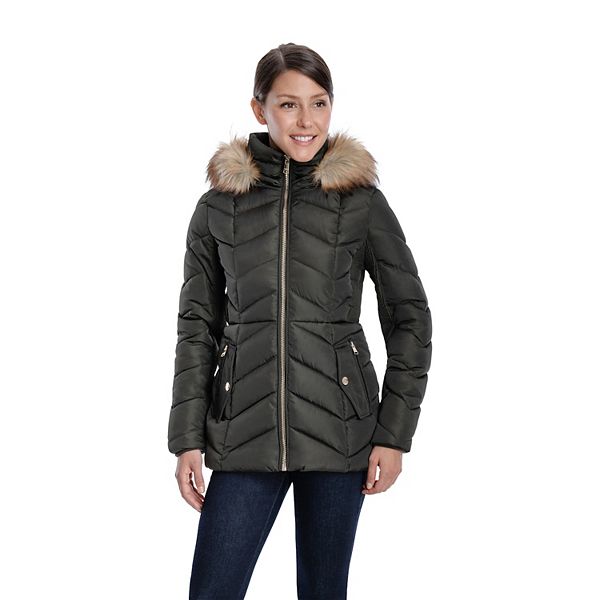 Women's London Fog Faux-Fur Hood Short Puffer Jacket