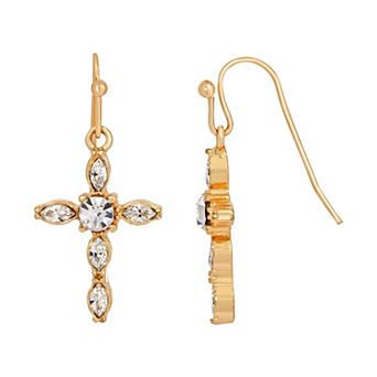 Symbols of Faith Silver-Tone Crystal Cross Drop Earrings