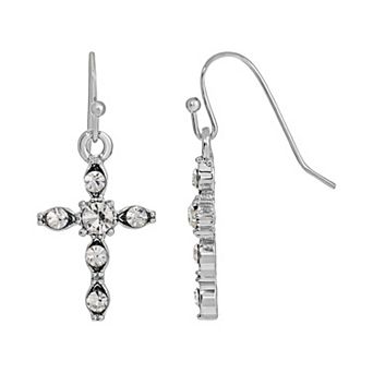 Symbols of Faith Silver-Tone Crystal Cross Drop Earrings