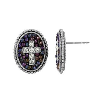 Symbols of Faith Pewter Turquoise Seeded Beads Crystal Cross Oval Button Earrings