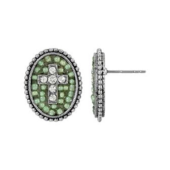 Symbols of Faith Pewter Turquoise Seeded Beads Crystal Cross Oval Button Earrings