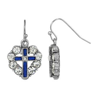Symbols of Faith Pewter Red Enamel Cross Crystal Heart Earrings
