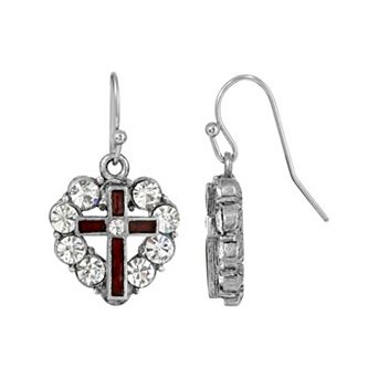 Symbols of Faith Pewter Red Enamel Cross Crystal Heart Earrings