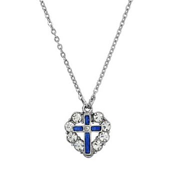 Symbols of Faith Silver-Tone Enamel Heart Cross Necklace