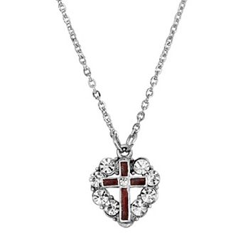 Symbols of Faith Silver-Tone Enamel Heart Cross Necklace