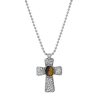 Men's Symbols of Faith Silver Tone Hammered Embellished Cross Necklace