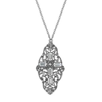 Symbols of Faith Silver Tone Filigree Simulated Crystal Cross Necklace