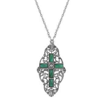 Symbols of Faith Silver Tone Filigree Simulated Crystal Cross Necklace
