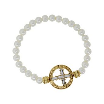 Symbols of Faith Gold Tone Crystal Cross Faux Pearl Stretch Bracelet