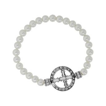 Symbols of Faith Gold Tone Crystal Cross Faux Pearl Stretch Bracelet