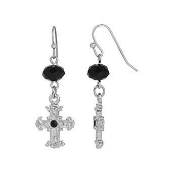 Symbols of Faith Silver-Tone Black Crystal Cross Drop Earrings