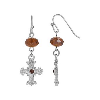 Symbols of Faith Silver-Tone Black Crystal Cross Drop Earrings