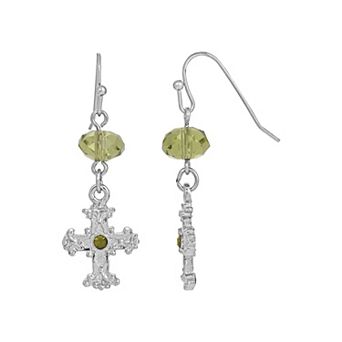 Symbols of Faith Silver-Tone Black Crystal Cross Drop Earrings