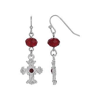 Symbols of Faith Silver-Tone Black Crystal Cross Drop Earrings