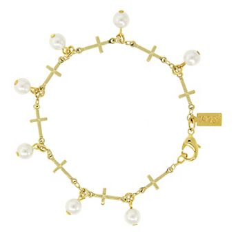 Symbols of Faith 14K Gold Dipped Multi Cross Faux Pearl Link Bracelet