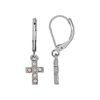 Symbols of Faith Silver-Tone Crystal AB Cross Drop Earrings