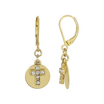 Symbols of Faith Crystal Cross With Round Disc Euro Wire Earrings