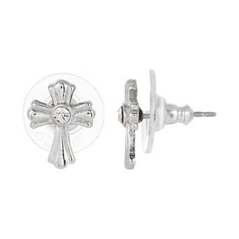 Symbols of Faith Silver-Tone Crystal Cross Stud Earrings