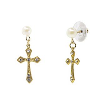 Symbols of Faith Gold-Tone Crystal Cross With Pearl Stud Drop Earrings