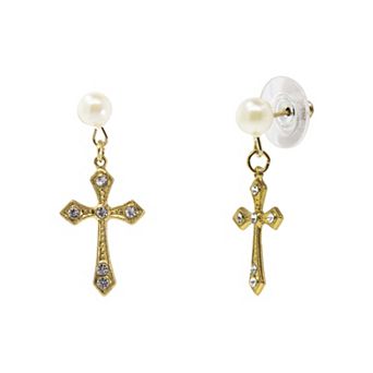 Symbols of Faith Gold-Tone Crystal Cross With Pearl Stud Drop Earrings