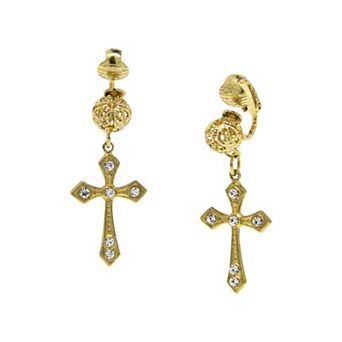 Symbols of Faith 14K Gold Dipped Crystal Cross Clip Earrings