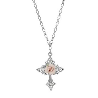 Symbols of Faith Silver Tone Simulated Crystal Porcelain Rose Cross Pendant Necklace