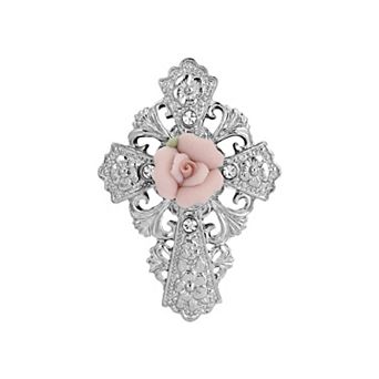 Symbols of Faith Silver-Tone Pink Porcelain Rose Cross Pin