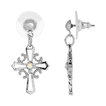 Symbols of Faith Silver-Tone Crystal Cross Drop Earrings