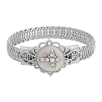 Symbols of Faith Pewter Crystal Cross with Mother of Pearl Belt Bracelet