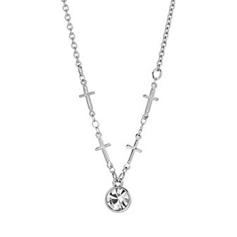 Symbols of Faith Silver Tone Cross Chain and Simulated Crystal Pendant Necklace