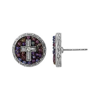 Symbols of Faith Pewter Purple Seeded Beads Crystal Cross Round Button Earrings