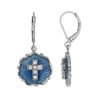Symbols of Faith Silver-Tone Blue Enamel Crystal Cross Round Earrings