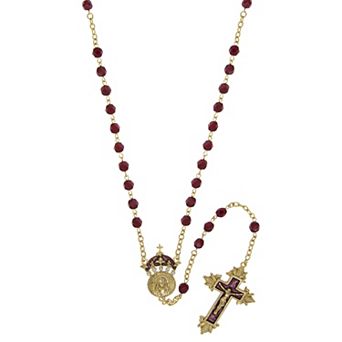 Symbols of Faith 14K Gold-Dipped Red Bead and Enamel "King of Kings" Rosary Necklace