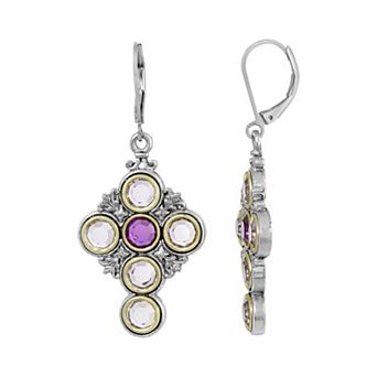 Symbols of Faith Pewter Cross With Light & Dark Purple Crystal Circle Stones Earrings