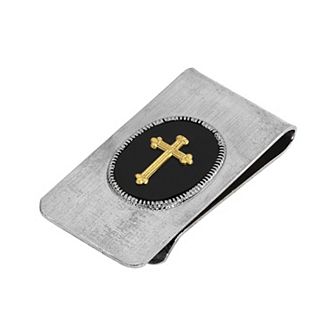 Men's Symbols of Faith Silver Tone Black Enamel Gold Tone Cross Money Clip